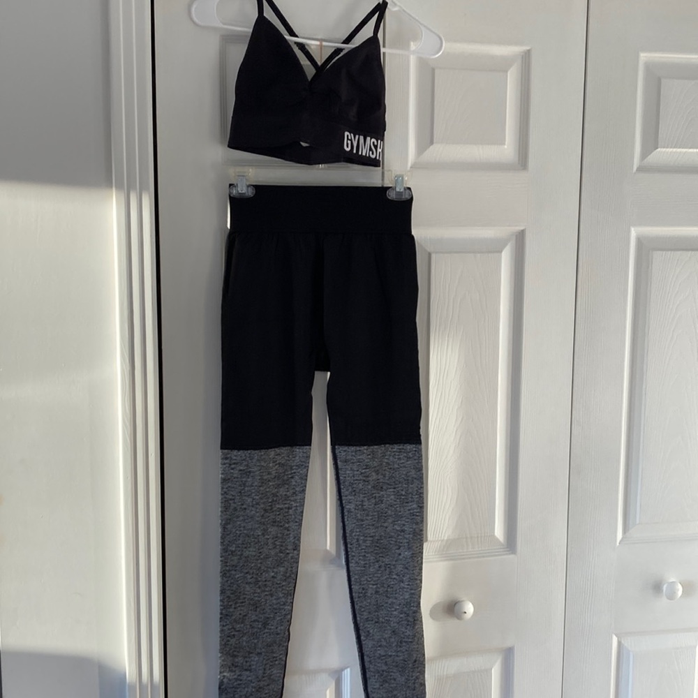 Gymshark Black and Gray Leggings with Black Sports Bra